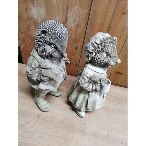 47 - Pair of heavy stoneware Mr and Mrs Hedgehog figures in good order height of 43cm, Mrs hedgehog is mi... 