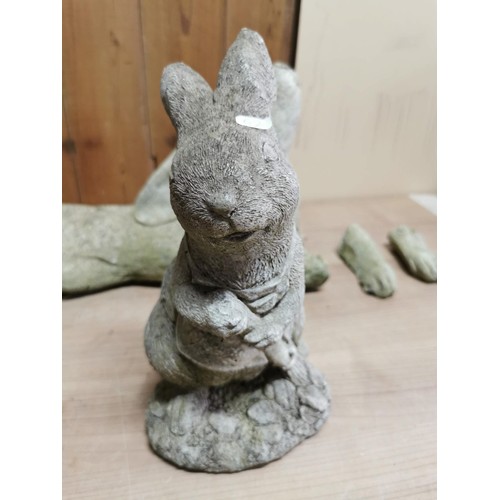 48 - 2x pairs of moon gazing hares, one has broken legs but are present, along with a concrete rabbit. Le... 