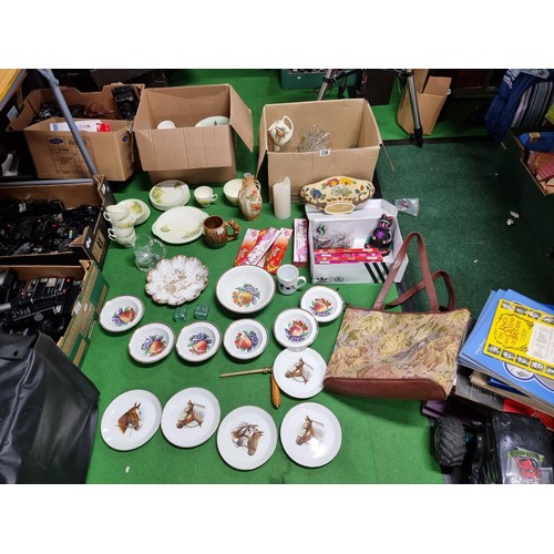 236 - 2 boxes of collectables including a good quality majollica round glaze squirrel mug, part tea sets, ... 