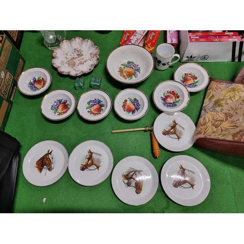 236 - 2 boxes of collectables including a good quality majollica round glaze squirrel mug, part tea sets, ... 