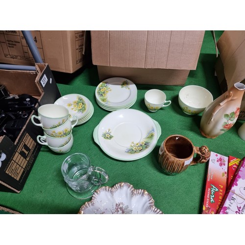 236 - 2 boxes of collectables including a good quality majollica round glaze squirrel mug, part tea sets, ... 