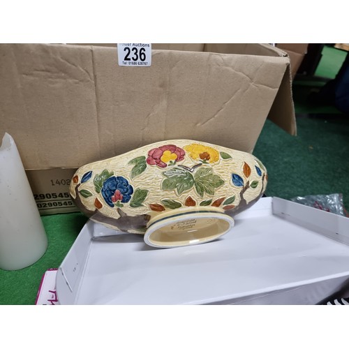 236 - 2 boxes of collectables including a good quality majollica round glaze squirrel mug, part tea sets, ... 