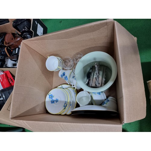 236 - 2 boxes of collectables including a good quality majollica round glaze squirrel mug, part tea sets, ... 