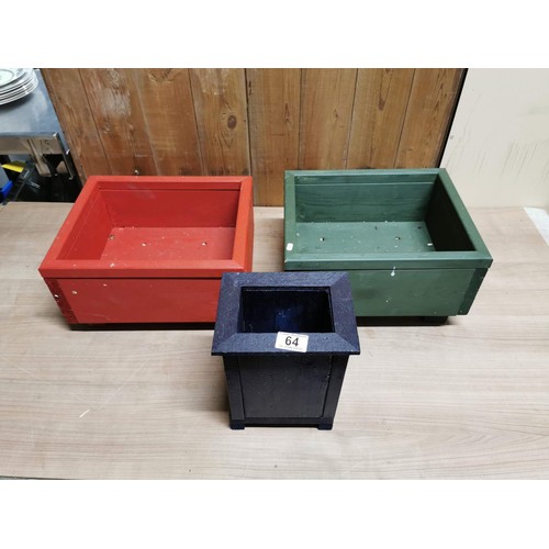 64 - 3x wooden locally made wooden planters largest one meausres height 18cm, length 33.5cm depth 28cm