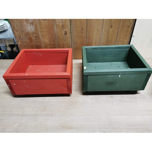 64 - 3x wooden locally made wooden planters largest one meausres height 18cm, length 33.5cm depth 28cm