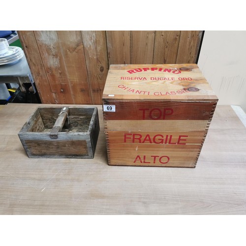 69 - Vintage wine crate stamped Ruffino Chianti Classico along with a small vintage wooden trug all in go... 