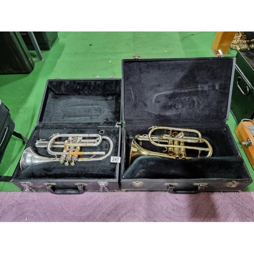 247 - 2 cased cornets, 1 by Bessom the other by blessing XL USA, both missing mouth pieces and are requiri... 