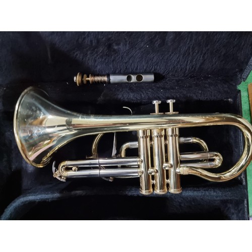 247 - 2 cased cornets, 1 by Bessom the other by blessing XL USA, both missing mouth pieces and are requiri... 