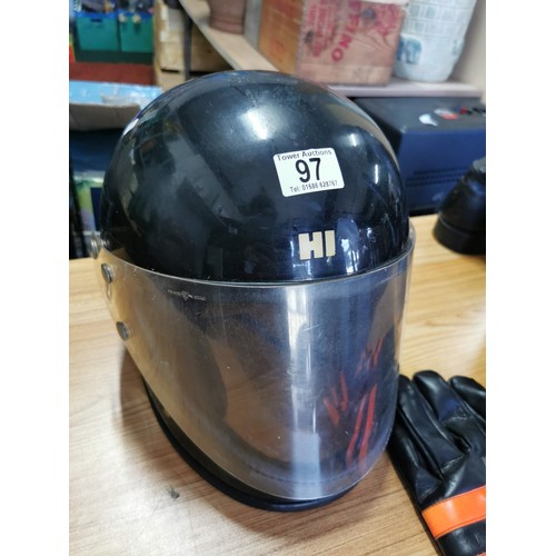 97 - Collection of motorcycle equipment inc a Hi helmet a pair of leather gauntlets and a pair of size 9 ... 