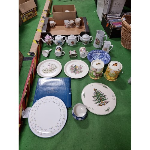 254 - Box of collectable china including a Royal Worcester Spode platers and Adams Tunstall Jasperware bow... 