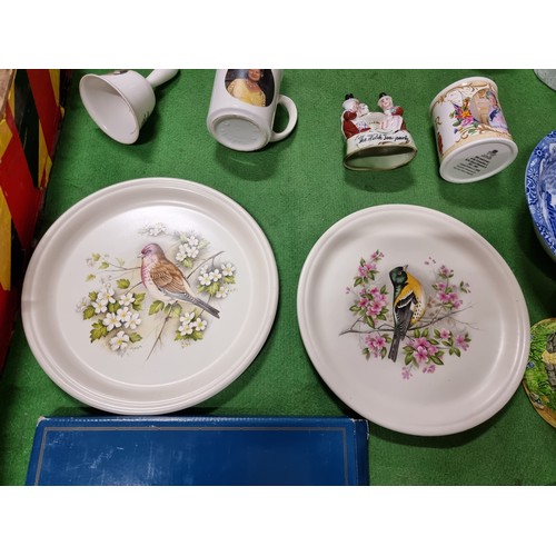 254 - Box of collectable china including a Royal Worcester Spode platers and Adams Tunstall Jasperware bow... 