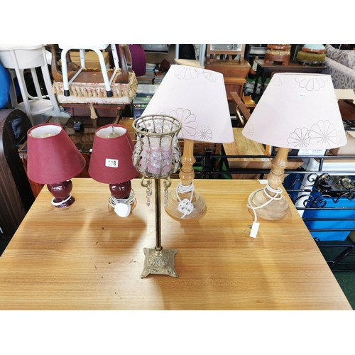 108 - 2x pairs of table lamps inc pair of wooden lamps and a pair of ceramic lamps, along with a brass can... 