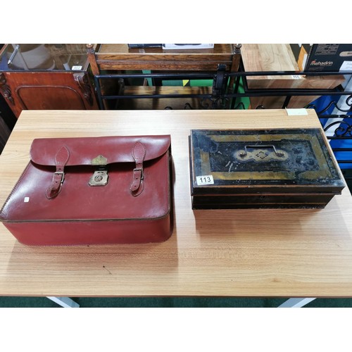 113 - Vintage metal cash box along with a good quality leather briefcase all in good order, box measures 1... 