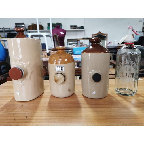 118 - Collection of 3x vintage stoneware hot bottles along with a vintage Schweppes soda syphon