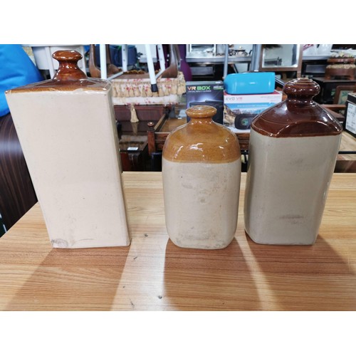 118 - Collection of 3x vintage stoneware hot bottles along with a vintage Schweppes soda syphon