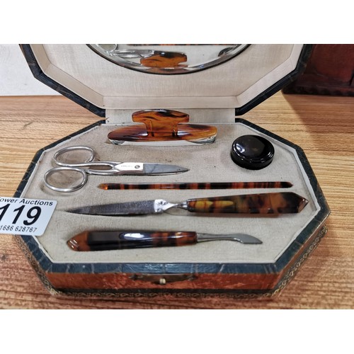 119 - Collection of 2x storage boxes along with a tortoiseshell manicure set in good order largest box mea... 