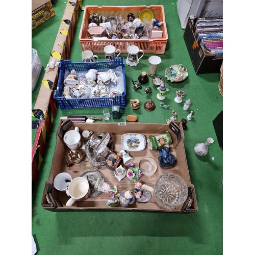 255 - 3 boxes of odds including figurines, hand painted bowl, china, trinkets etc