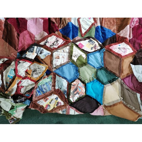 122 - Large impressive vintage patchwork quilt of various materials with newspapers sewn into the back 245... 