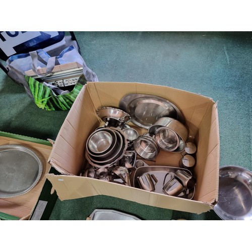 256 - Large collection in 3 boxes of silver plated and pewter items, including plates, box of silver plate... 