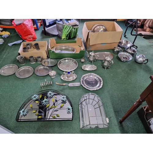 256 - Large collection in 3 boxes of silver plated and pewter items, including plates, box of silver plate... 