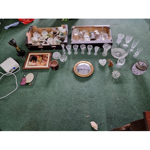 257 - 3 boxes of collectables including glassware with crystal glass, a brass porthole mirror and a box of... 