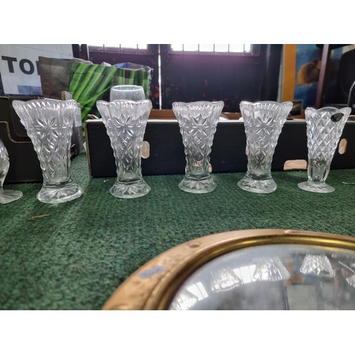 257 - 3 boxes of collectables including glassware with crystal glass, a brass porthole mirror and a box of... 