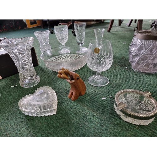 257 - 3 boxes of collectables including glassware with crystal glass, a brass porthole mirror and a box of... 