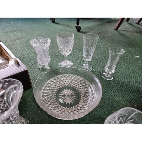 257 - 3 boxes of collectables including glassware with crystal glass, a brass porthole mirror and a box of... 