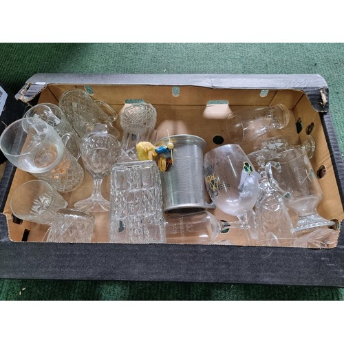 257 - 3 boxes of collectables including glassware with crystal glass, a brass porthole mirror and a box of... 