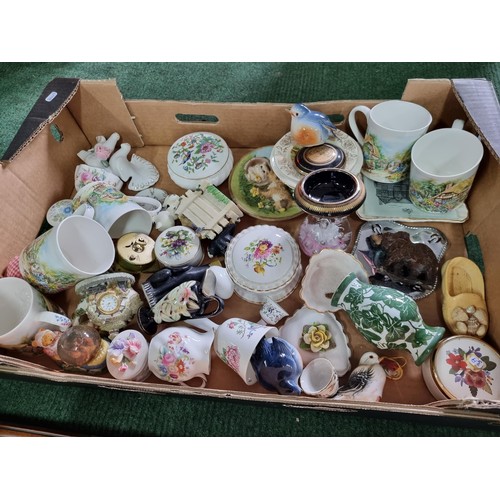 257 - 3 boxes of collectables including glassware with crystal glass, a brass porthole mirror and a box of... 