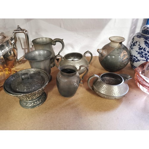 133 - Quantity of collectables inc copper ware plated ware 2x orange glass jug and leaf bowl etc tallest p... 