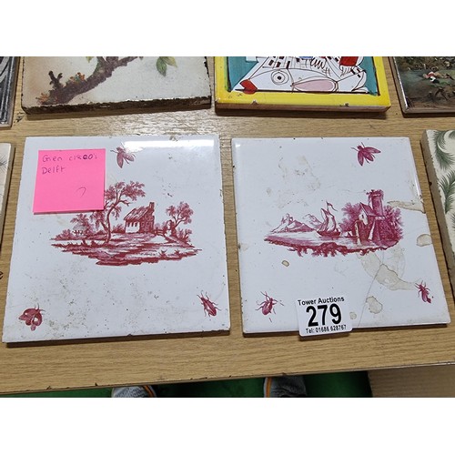 279 - 20 x Antique and vintage collectable ceramic tiles including a rare Italian tile of a boat scene att... 