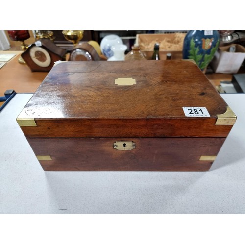 281 - Antique Mahogany writing box in good overall condition,
15cm high, 35cm length, 23cm wide