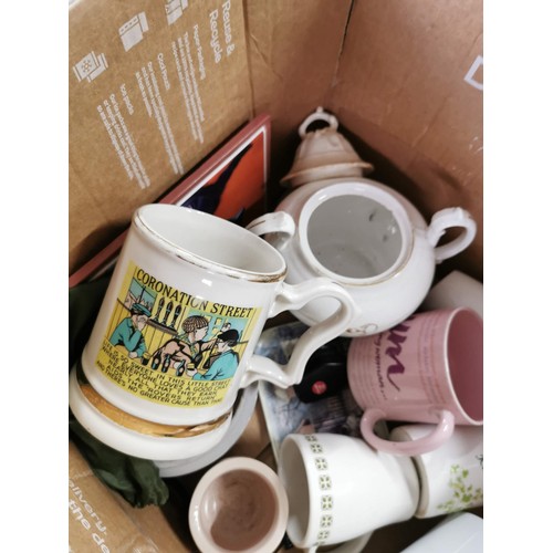 150 - Box containing a quantity of collectables inc 2x car canes, boxed place mats, tankards, teapot, alar... 