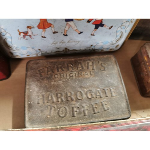 151 - Quantity of collectable tins inc Farrah's Harrogate toffee, unusual RAF 6 Signals double Star green ... 