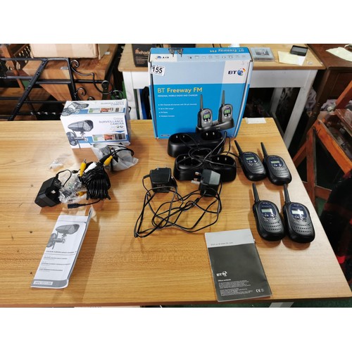 155 - 4x boxed Bt 3 way Fm personal radio and chargers up to 3km range along with a boxed CCTV colour came... 