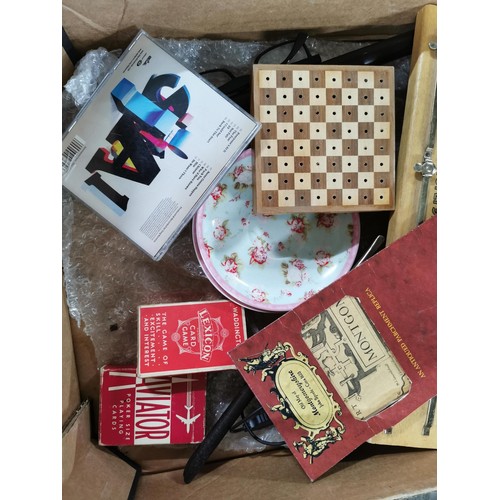 259 - Box of collectables inc quantity Wii games DVD's snooker scoreboard, card games, travel chess set et... 