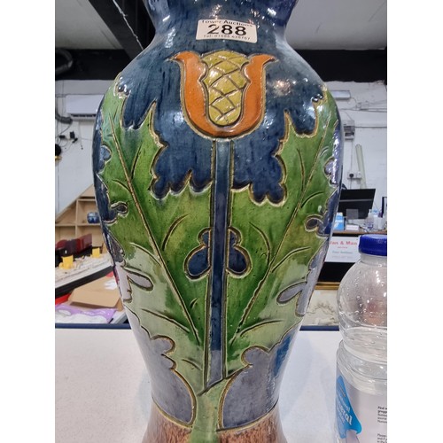 288 - Fine quality antique large glazed pottery vase with an art nouveau thistle design double sided prese... 