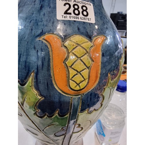 288 - Fine quality antique large glazed pottery vase with an art nouveau thistle design double sided prese... 