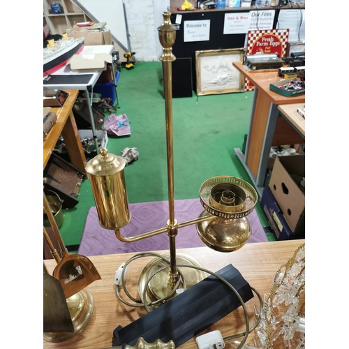 265 - Quantity of vintage brass ware inc a 3 tier chandelier with crystal glass droplets all are present, ... 