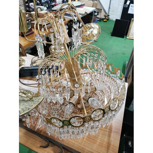 265 - Quantity of vintage brass ware inc a 3 tier chandelier with crystal glass droplets all are present, ... 