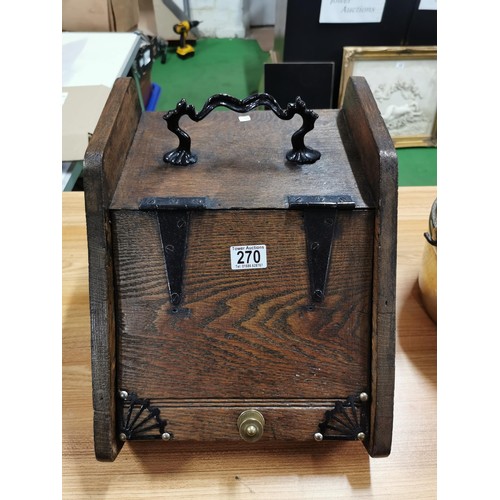 270 - Vintage wooden ornate coal box with metal lining, and ornate scrolling to the front along with a lar... 