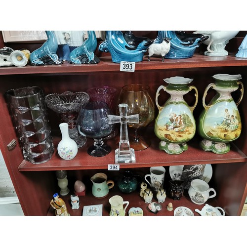 394 - Quantity of collectable glassware and ceramics inc rub glass crystal vase with bird decoration, a gl... 