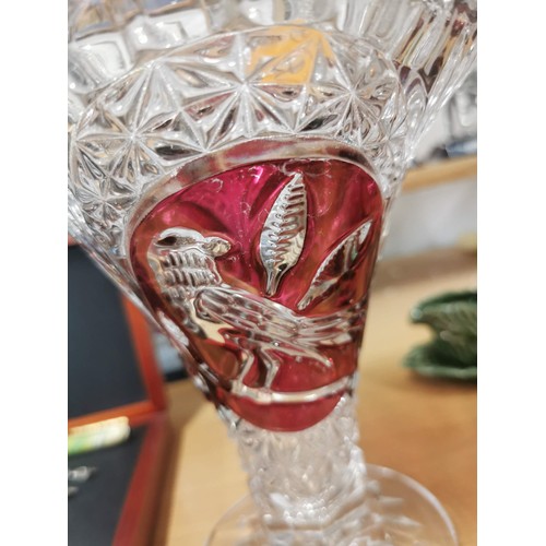 394 - Quantity of collectable glassware and ceramics inc rub glass crystal vase with bird decoration, a gl... 