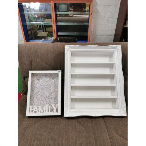 397 - 2x storage shelves, one with 4 shelves and an ornate frame and a family key holder height of shelf u... 