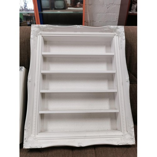 397 - 2x storage shelves, one with 4 shelves and an ornate frame and a family key holder height of shelf u... 