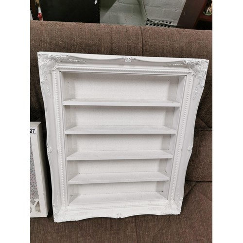 397 - 2x storage shelves, one with 4 shelves and an ornate frame and a family key holder height of shelf u... 