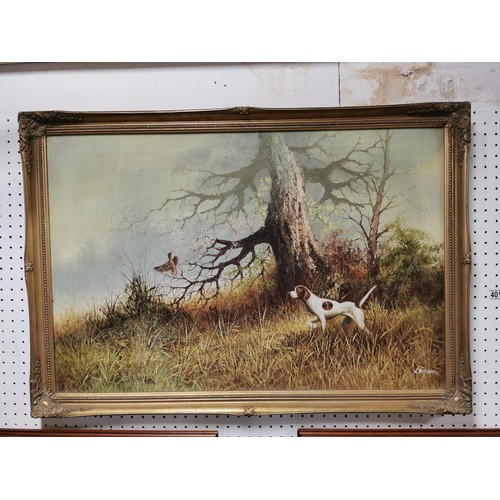 401 - Large original oil on canvas of a pointer hunting a pheasant in a grassed scene,  by L. Eiford recog... 