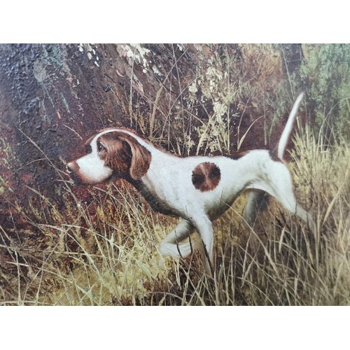 401 - Large original oil on canvas of a pointer hunting a pheasant in a grassed scene,  by L. Eiford recog... 