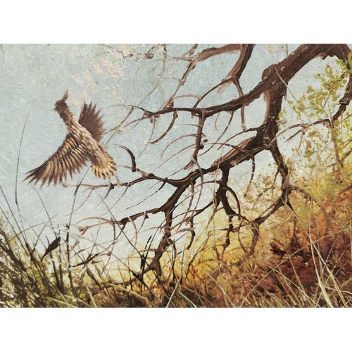 401 - Large original oil on canvas of a pointer hunting a pheasant in a grassed scene,  by L. Eiford recog... 